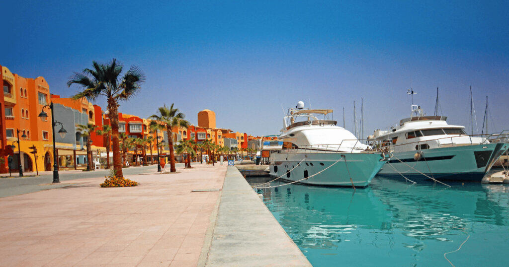 Luxury resort in Hurghada with private beach and infinity pool.