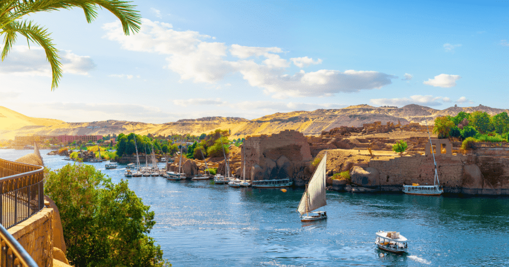 Romantic honeymoon Egypt couple on luxury Nile cruise at sunrise