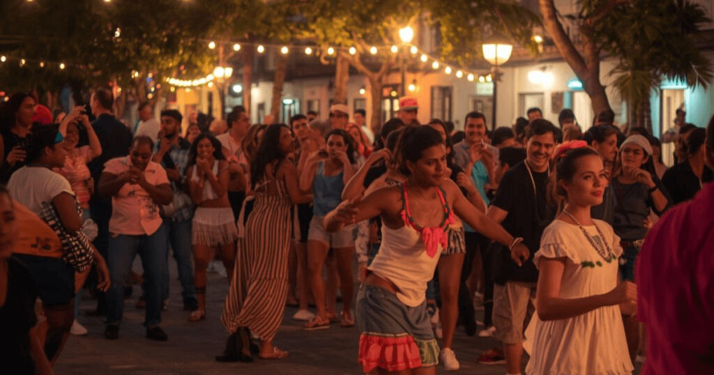Bachata and merengue in a lively plaza — music at the heart of Dominican culture and community.